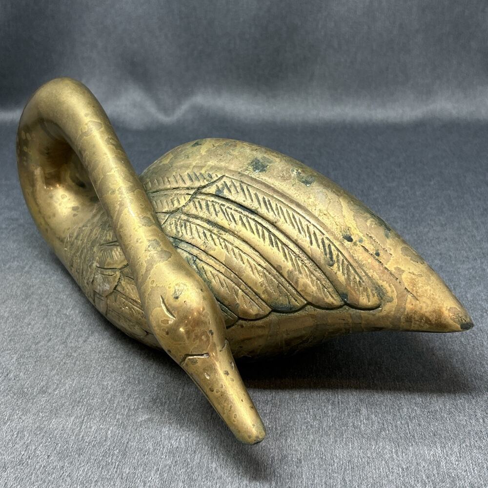 Large Vintage Brass Sleeping Swan Figurine Mid Century Tucked Head MCM 14" Long